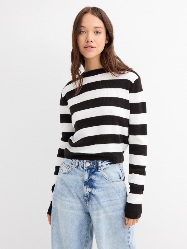Camisola de corte às riscas preto vista meia frontal