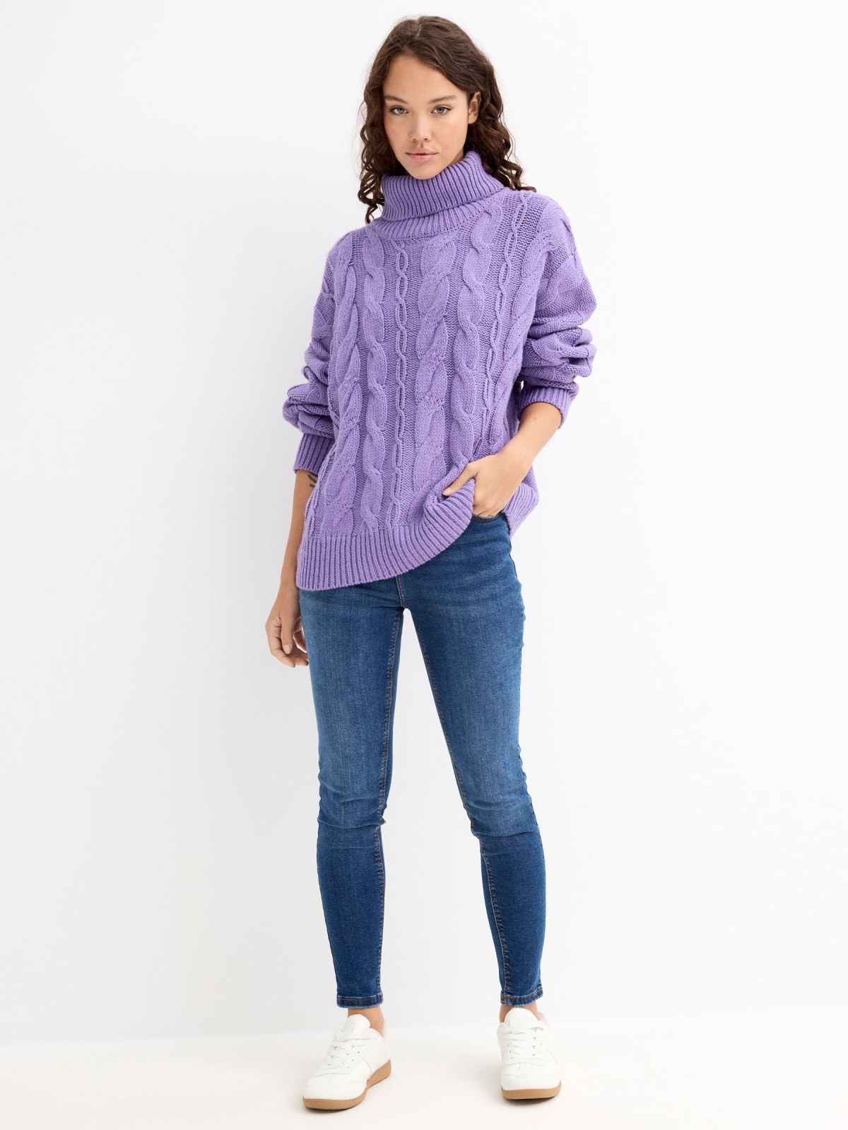 Sweater turn-down collar eights lilac general front view