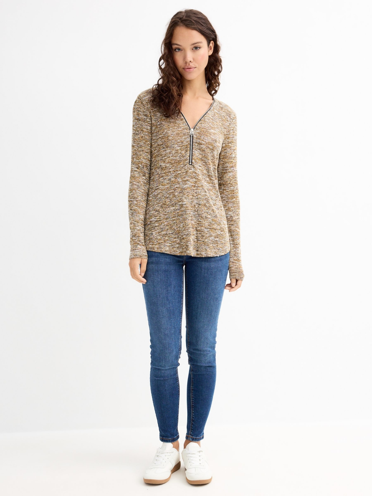 Marbled T-shirt with zipper yellow general front view