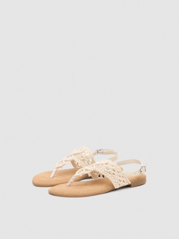 Macramé thong sandal off white 45º front view