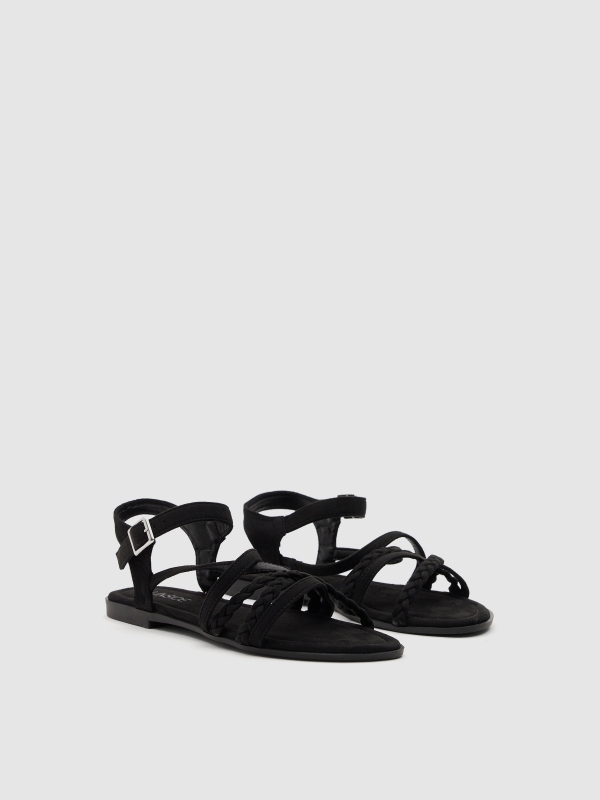 Braided straps sandal black 45º front view