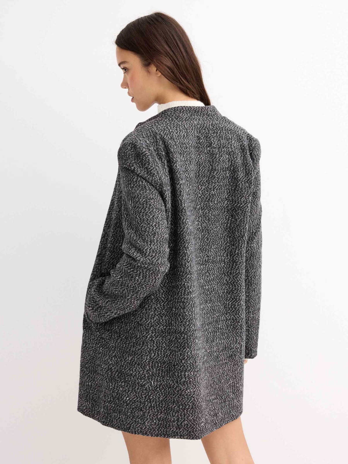 Grey tweed short coat with zipper black/beige middle back view