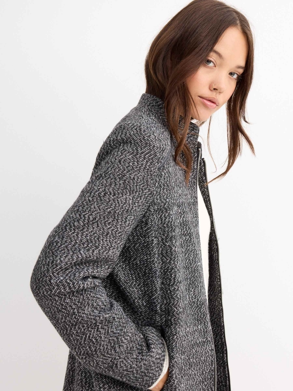 Grey tweed short coat with zipper black/beige detail view