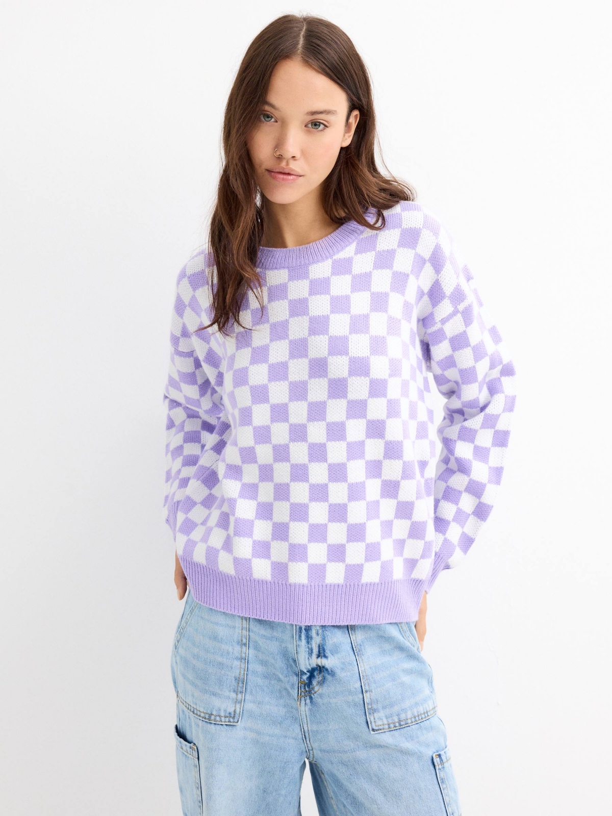 Checkered jacquard sweater lilac middle front view