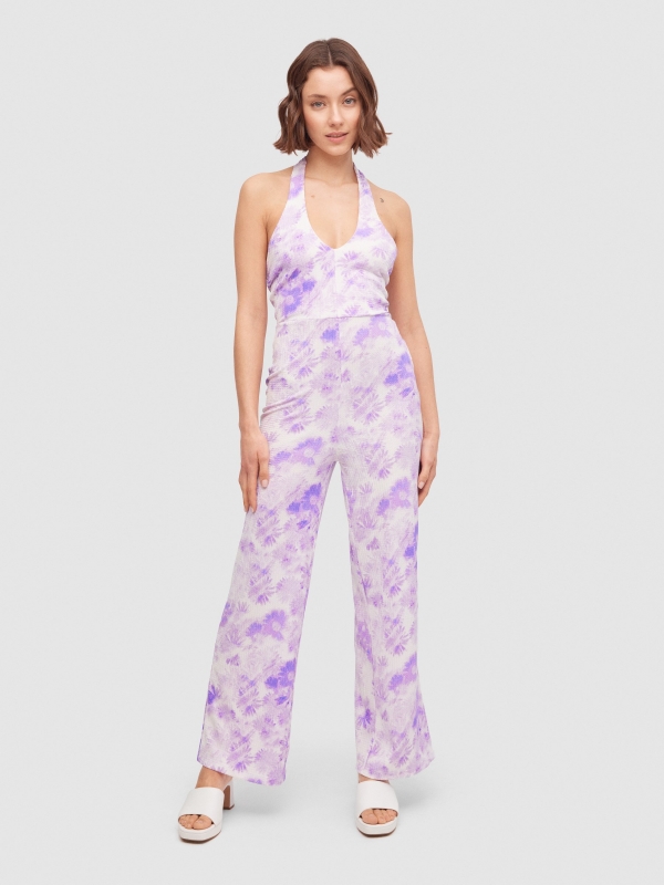 Long knotted jumpsuit mauve front view