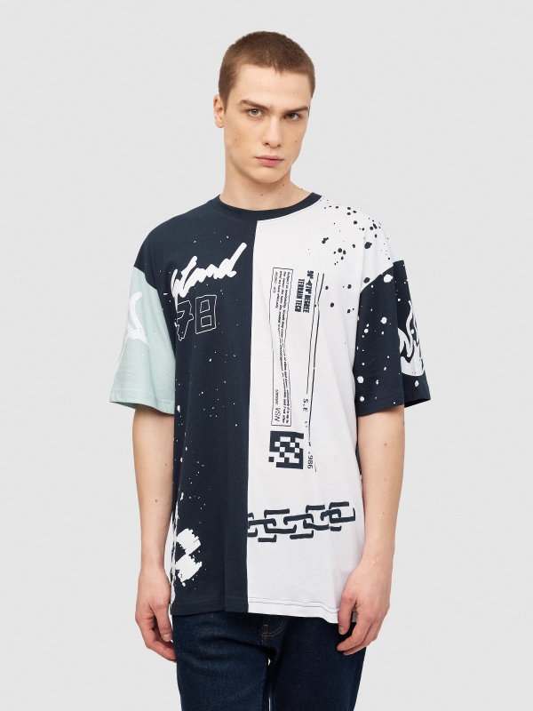 T-shirt com pintura a cores em bloco azul marinho vista meia frontal