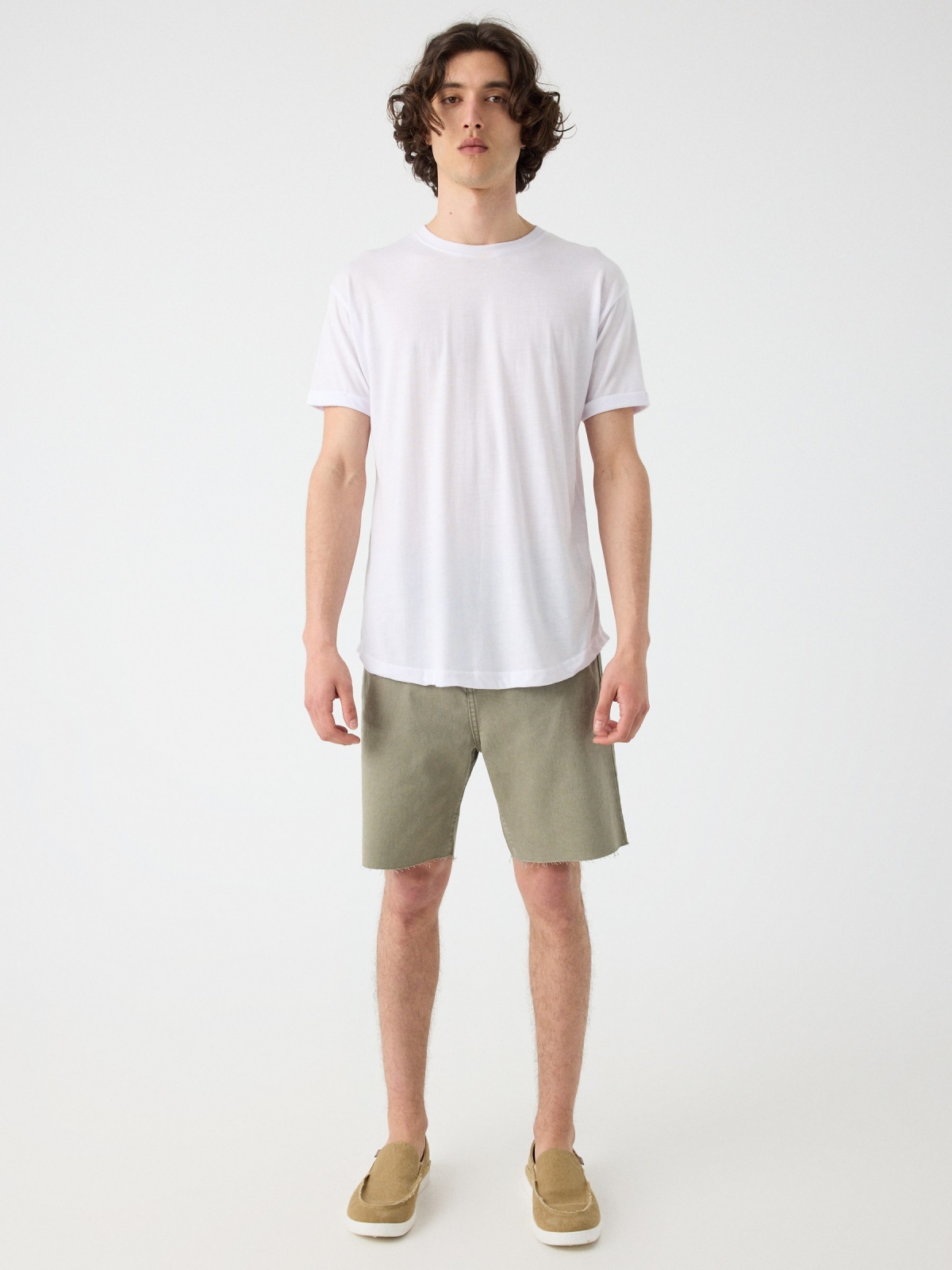 Five-pocket denim bermuda shorts khaki front view