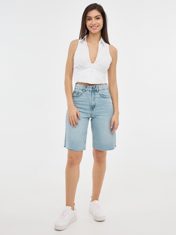 Denim high rise Bermuda shorts light blue front view