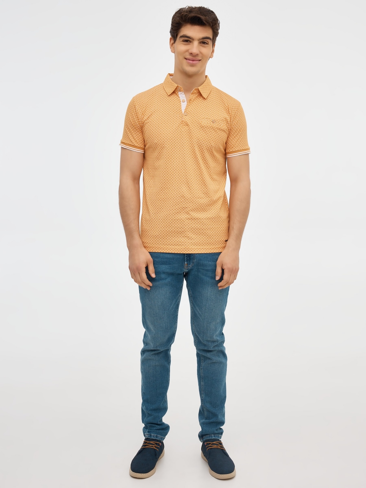 Yellow geometric print polo shirt ochre front view