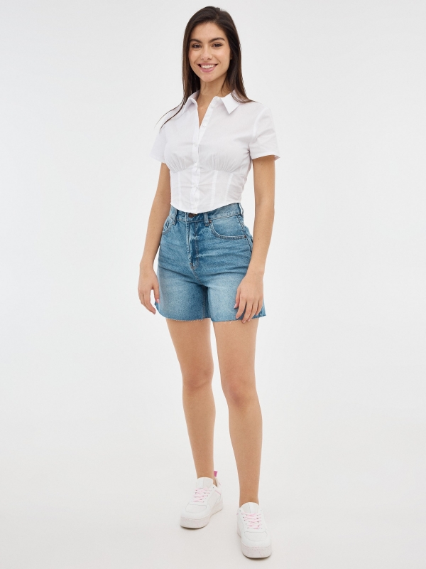 Regular Denim Bermuda Shorts High Waist blue front view