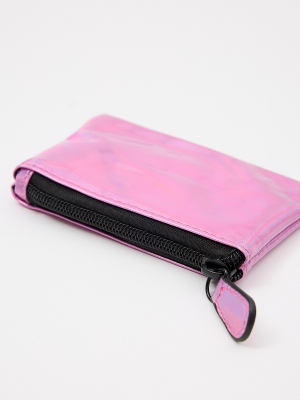 Monedero transparente rosado multicolor vista lateral 45º