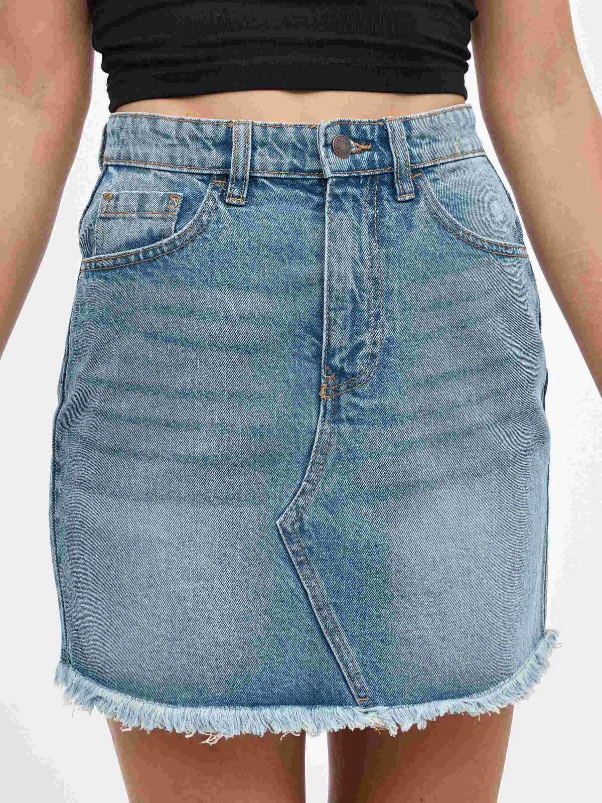 Falda mini denim deflecada azul vista detalle