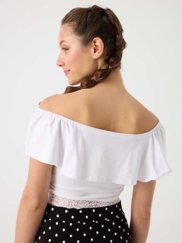 Ruffle bardot top white middle back view