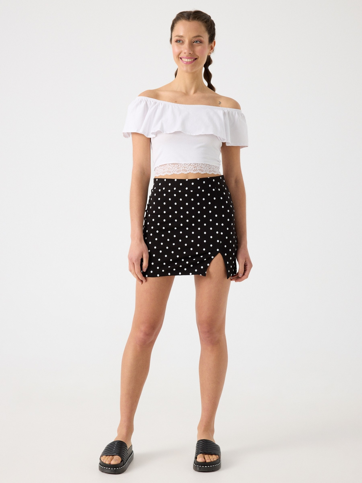 Ruffle bardot top white front view