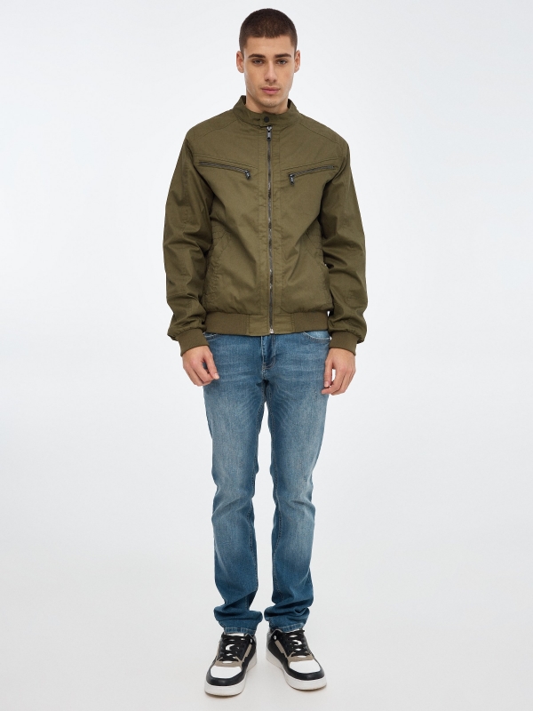 Black nylon jacket green front view