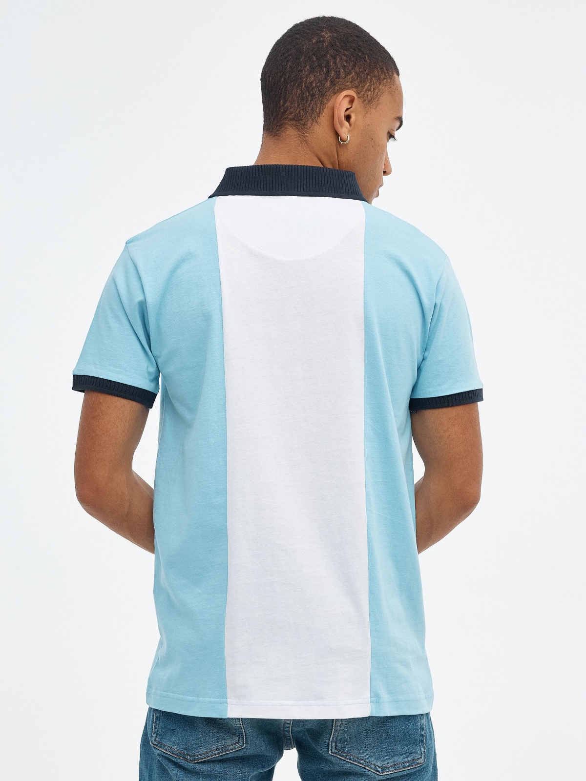 Blue color block polo shirt light blue middle back view