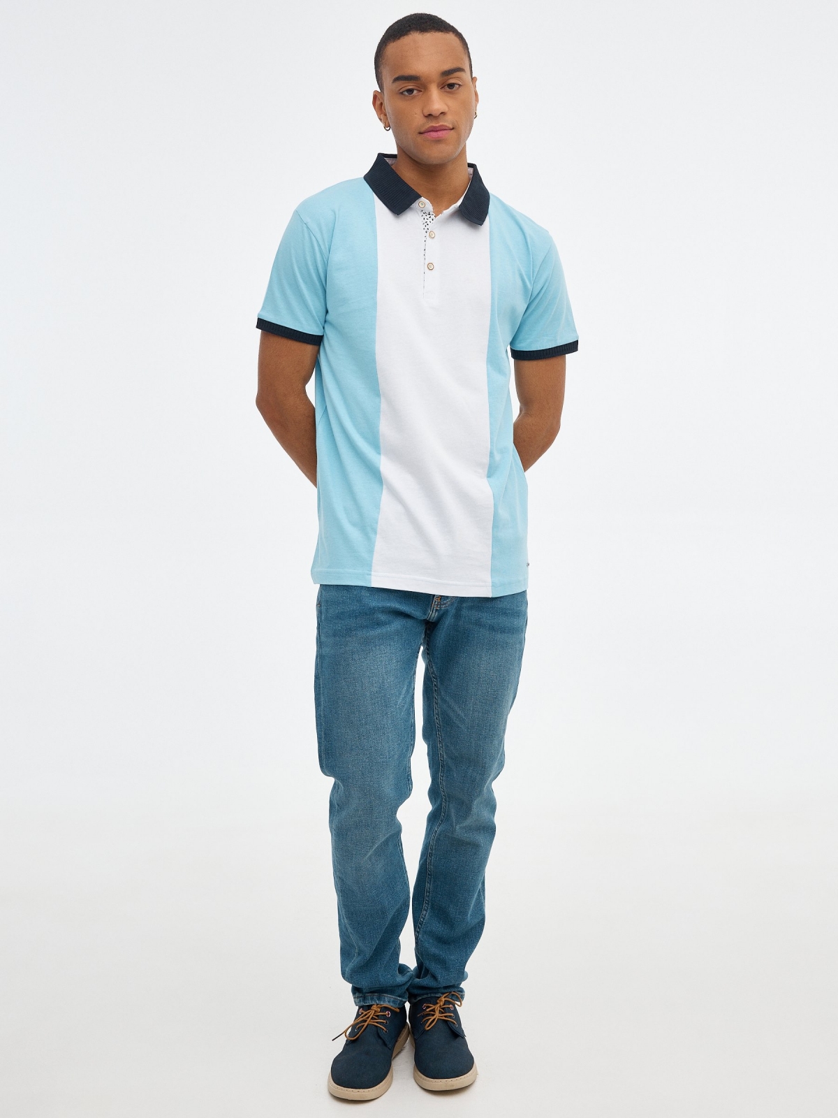 Blue color block polo shirt light blue front view