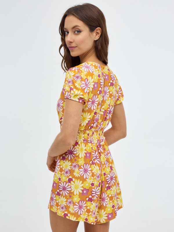 Daisy print short jumpsuit orange middle front view