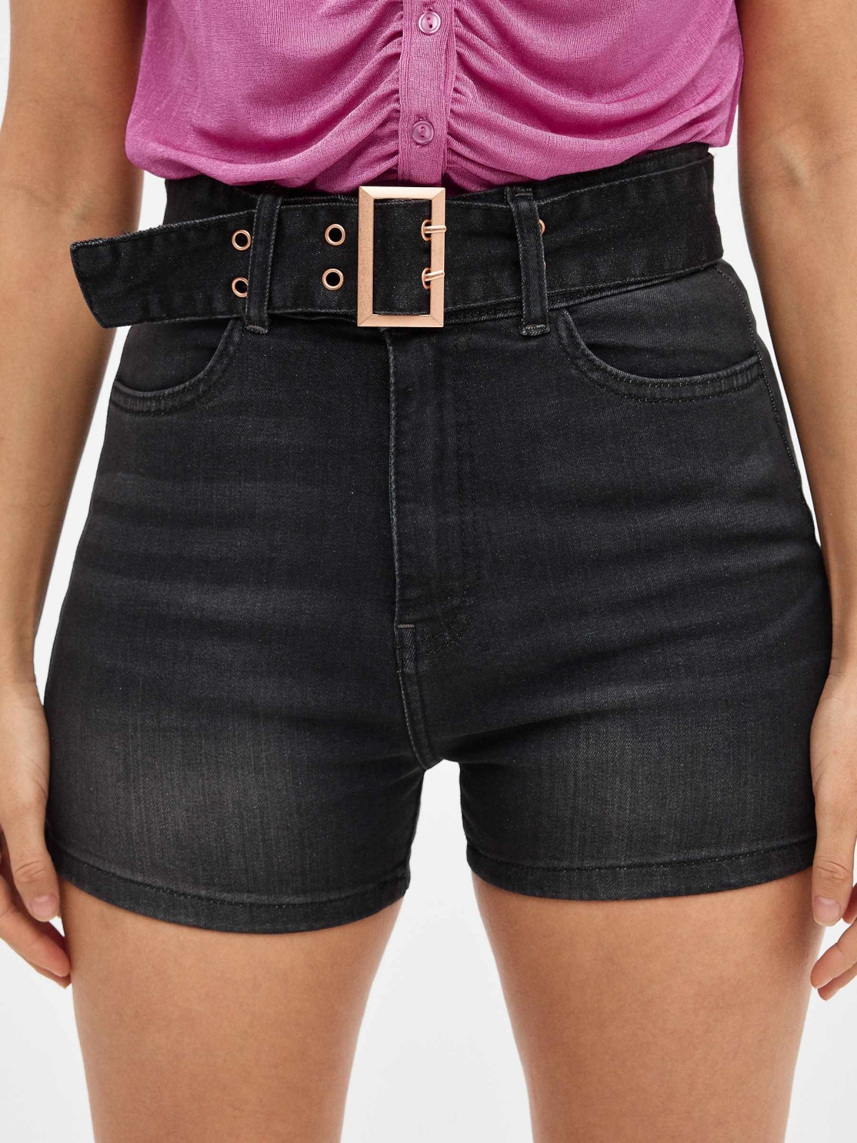 Denim shorts with belt black detail view