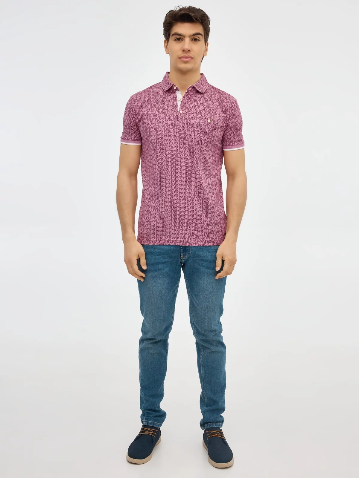 Red geometric print polo shirt purple front view