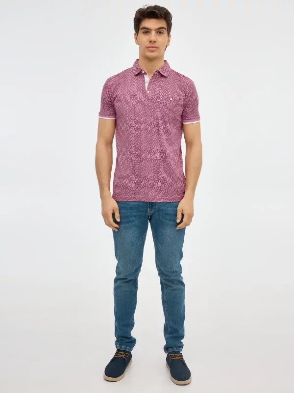Red geometric print polo shirt purple front view
