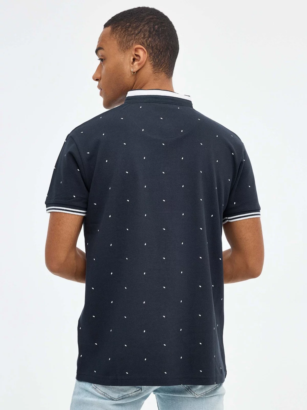 Mini-geometric print polo shirt navy middle back view