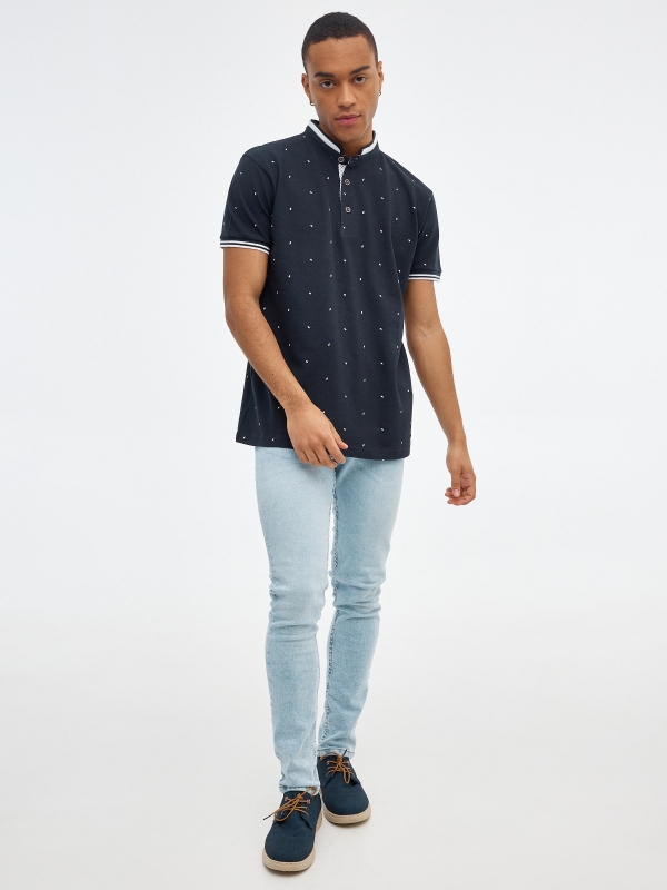 Mini-geometric print polo shirt navy front view