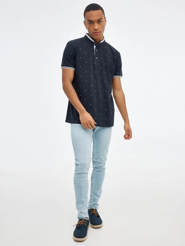Mini-geometric print polo shirt navy front view