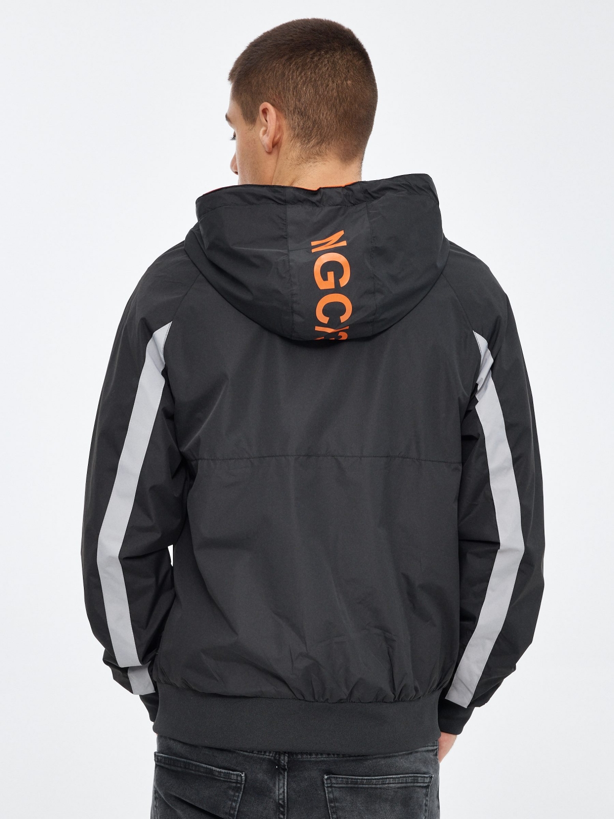 Lightweight hooded jacket black middle back view