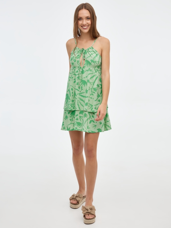 Mini print dress with ruffle light green front view