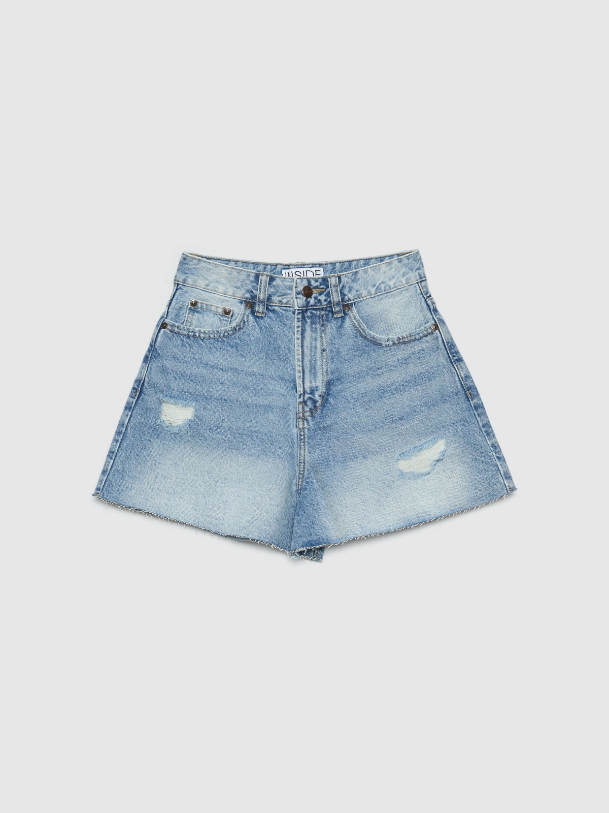 High rise mom shorts blue front detail view