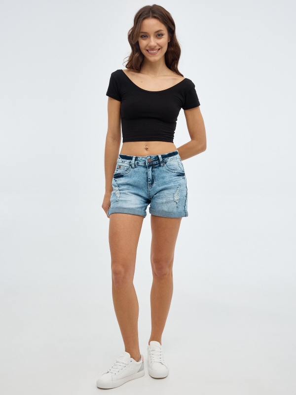 Distressed blue denim shorts blue front view