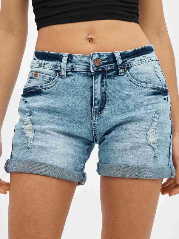 Distressed blue denim shorts blue detail view