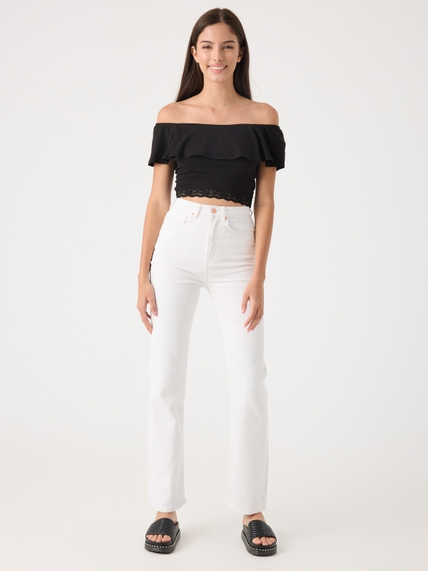Ruffle bardot top black front view