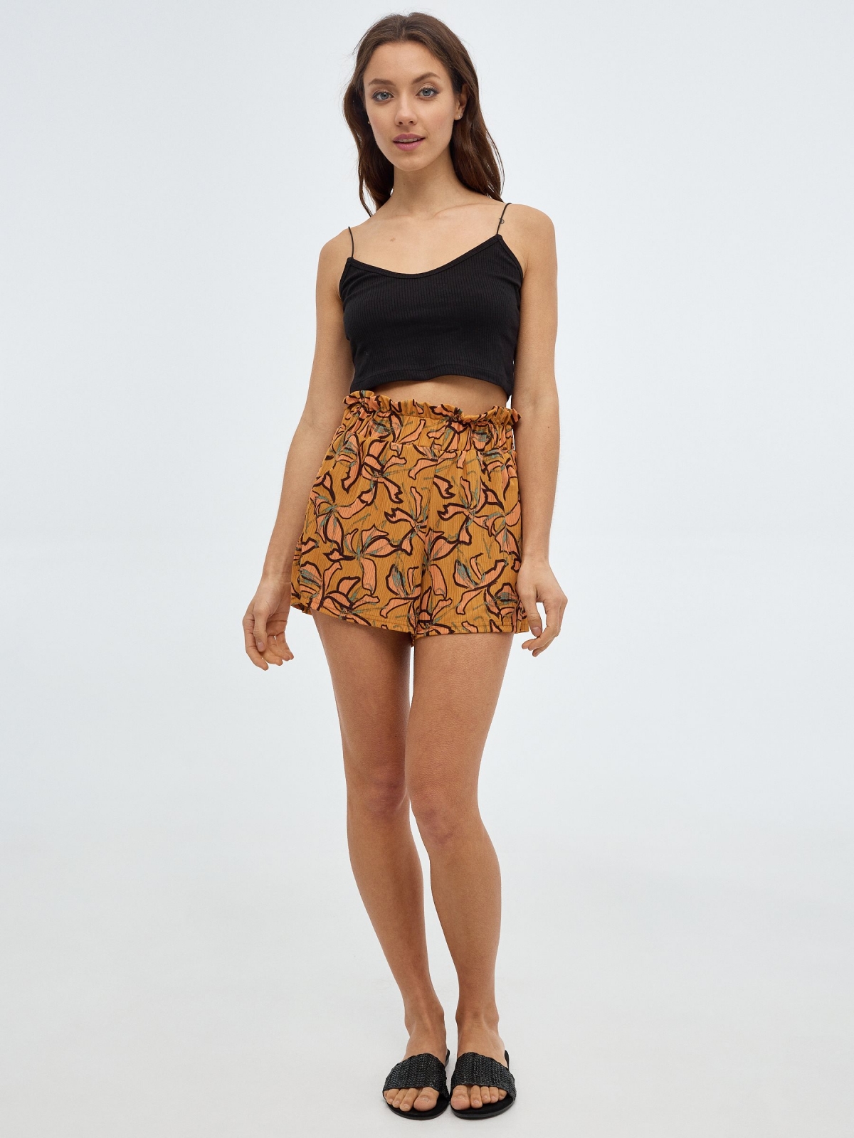 Fluid print shorts ochre front view