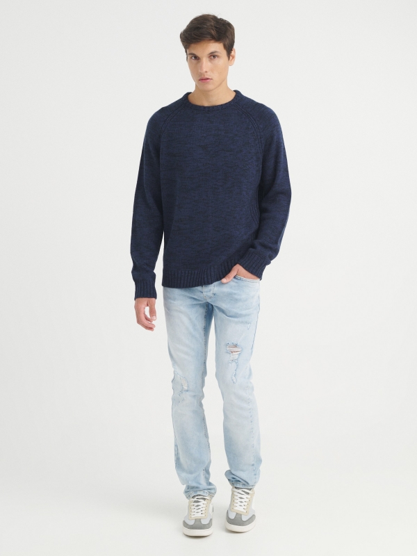 Marbled knitted sweater blue front view