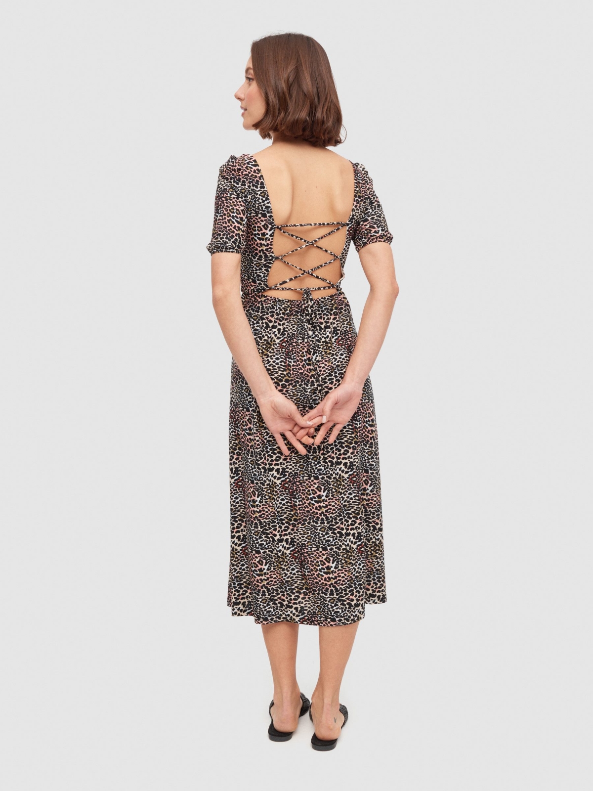 Lace-up back split animal print midi dress multicolor middle back view