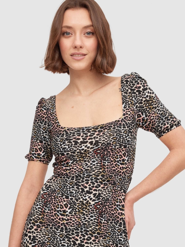 Lace-up back split animal print midi dress multicolor detail view