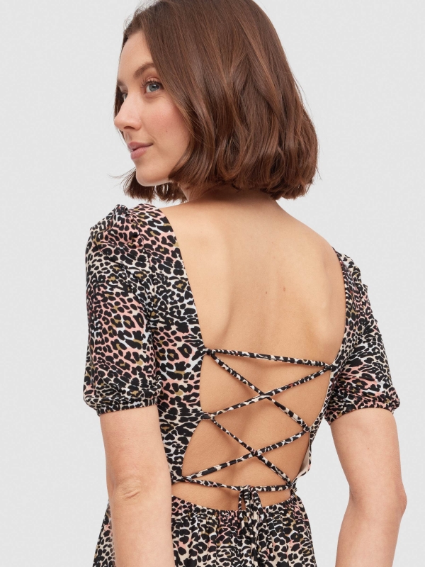 Lace-up back split animal print midi dress multicolor detail view