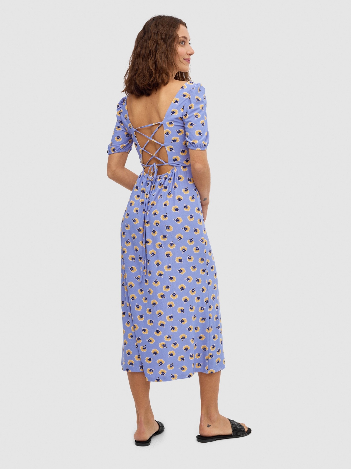 Lace-up back split floral midi dress blue middle back view