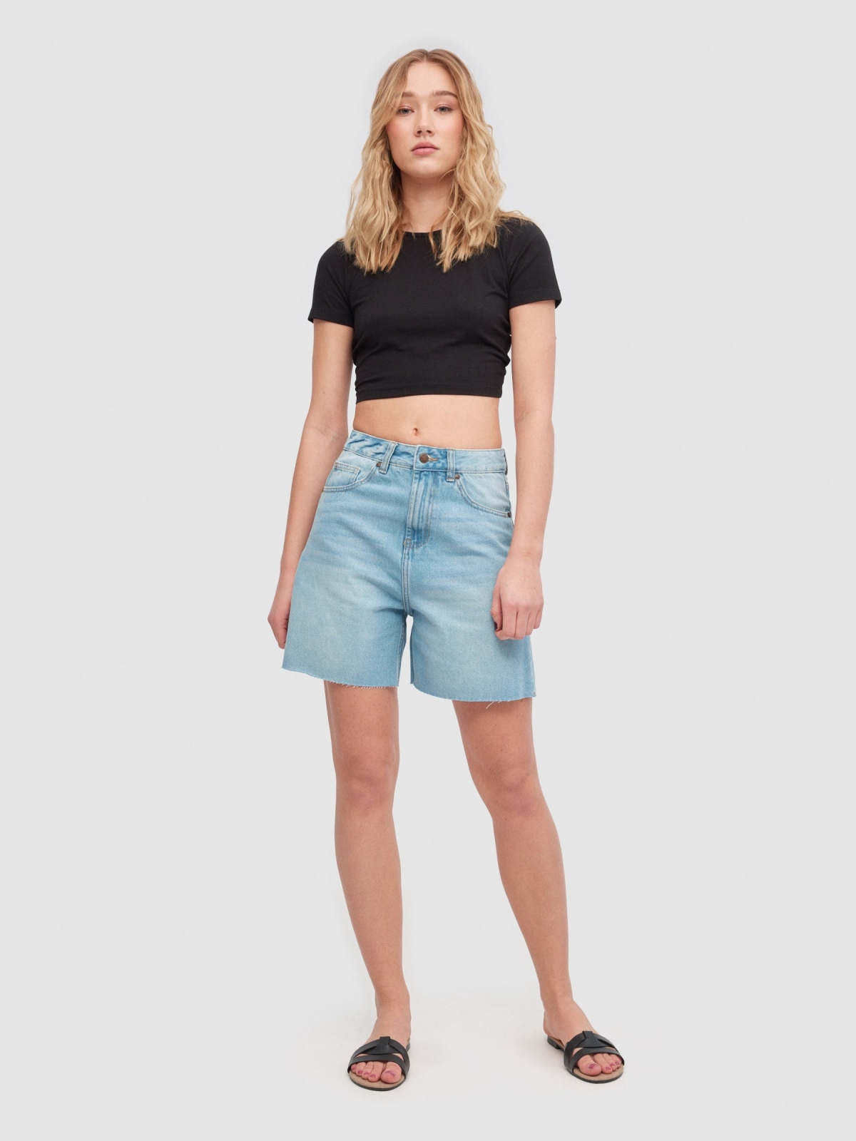 High-waisted denim shorts light blue general front view