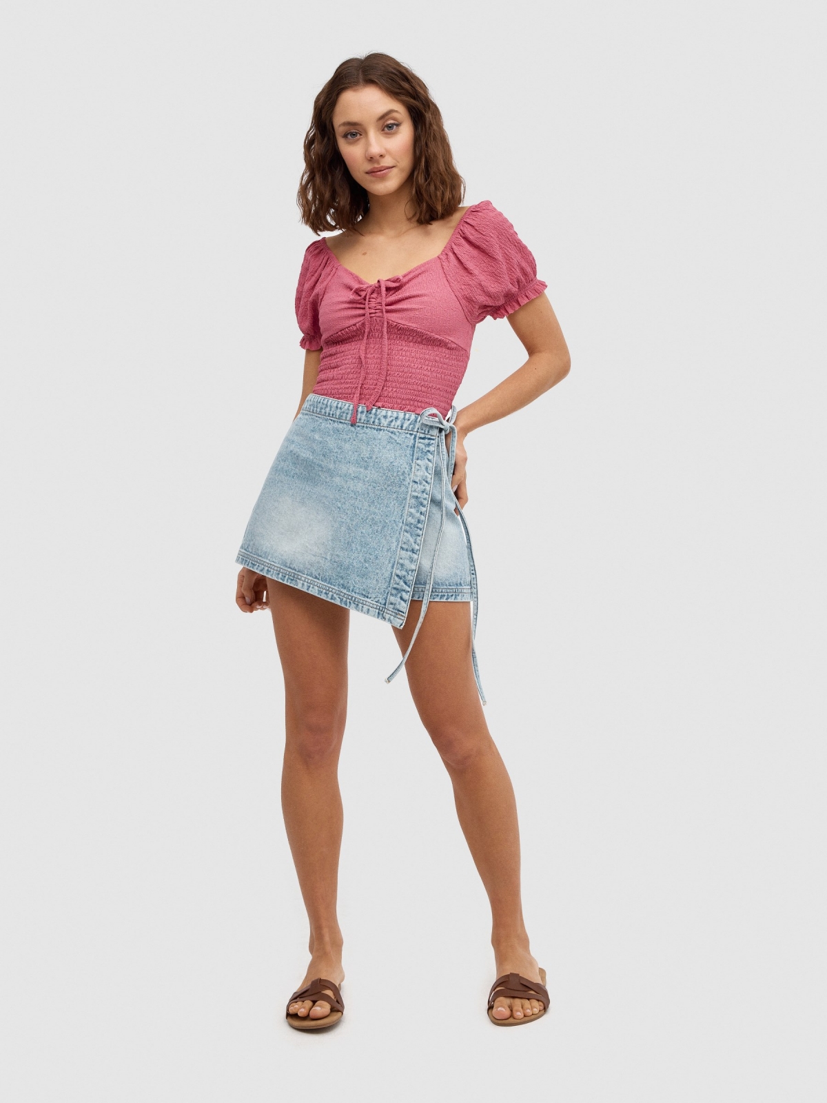 Denim crossover skort blue front view
