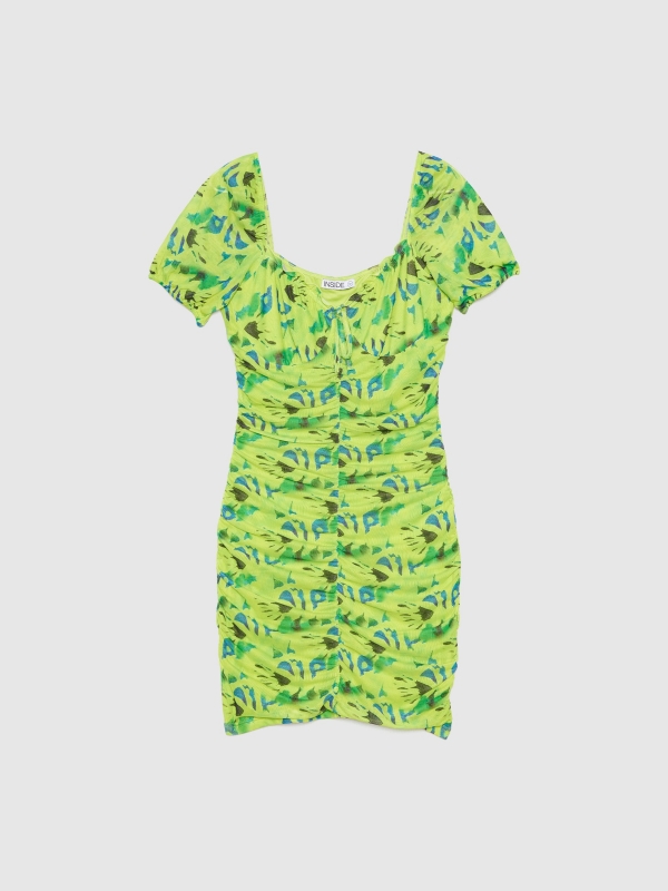 All-over print tulle mini dress lime front detail view