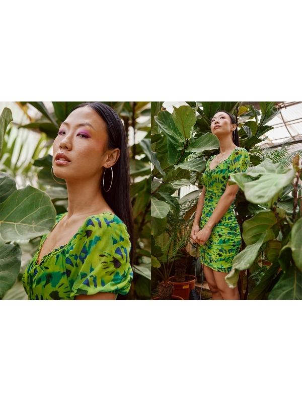  All-over print tulle mini dress lime
