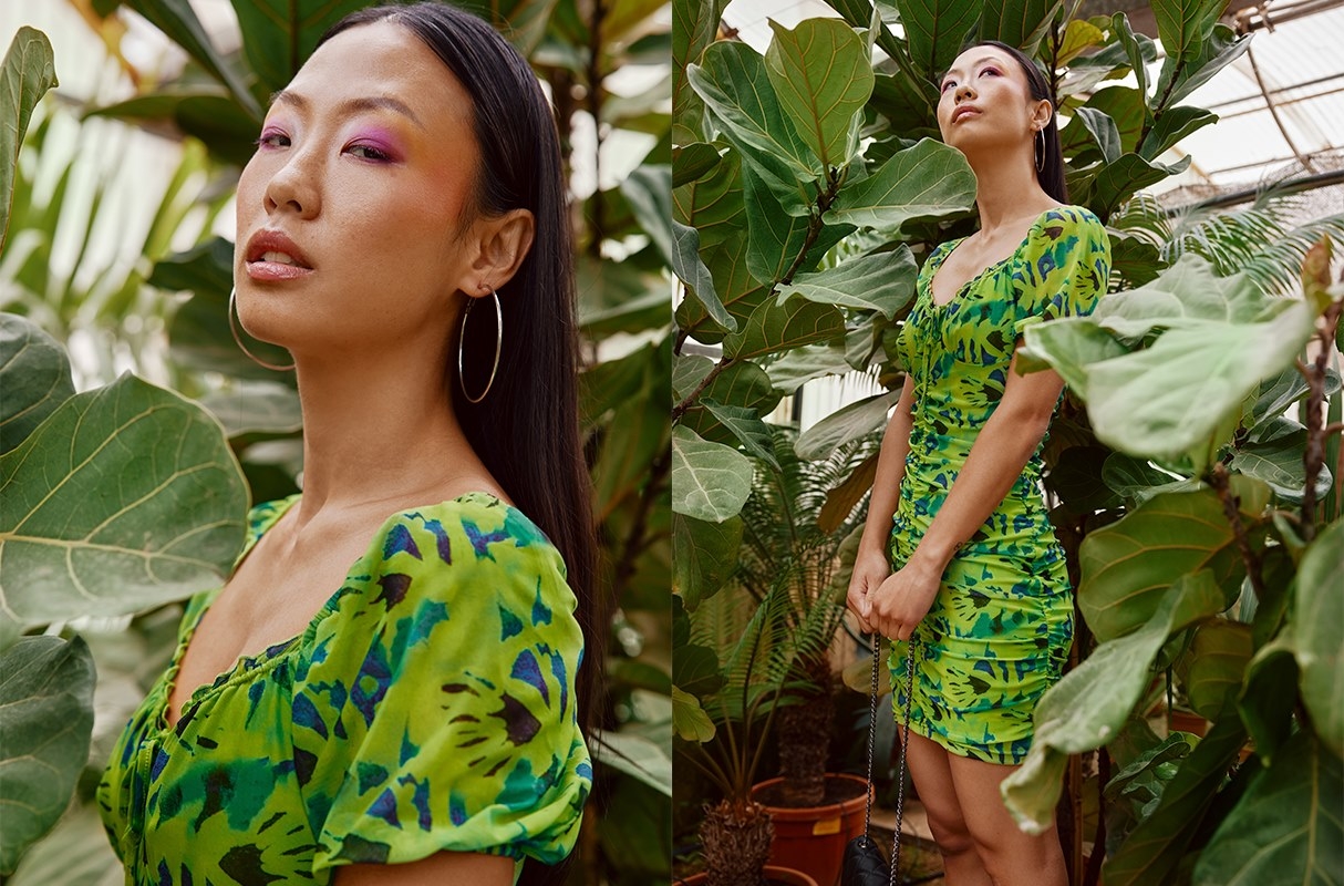 All-over print tulle mini dress lime three-quarter front view