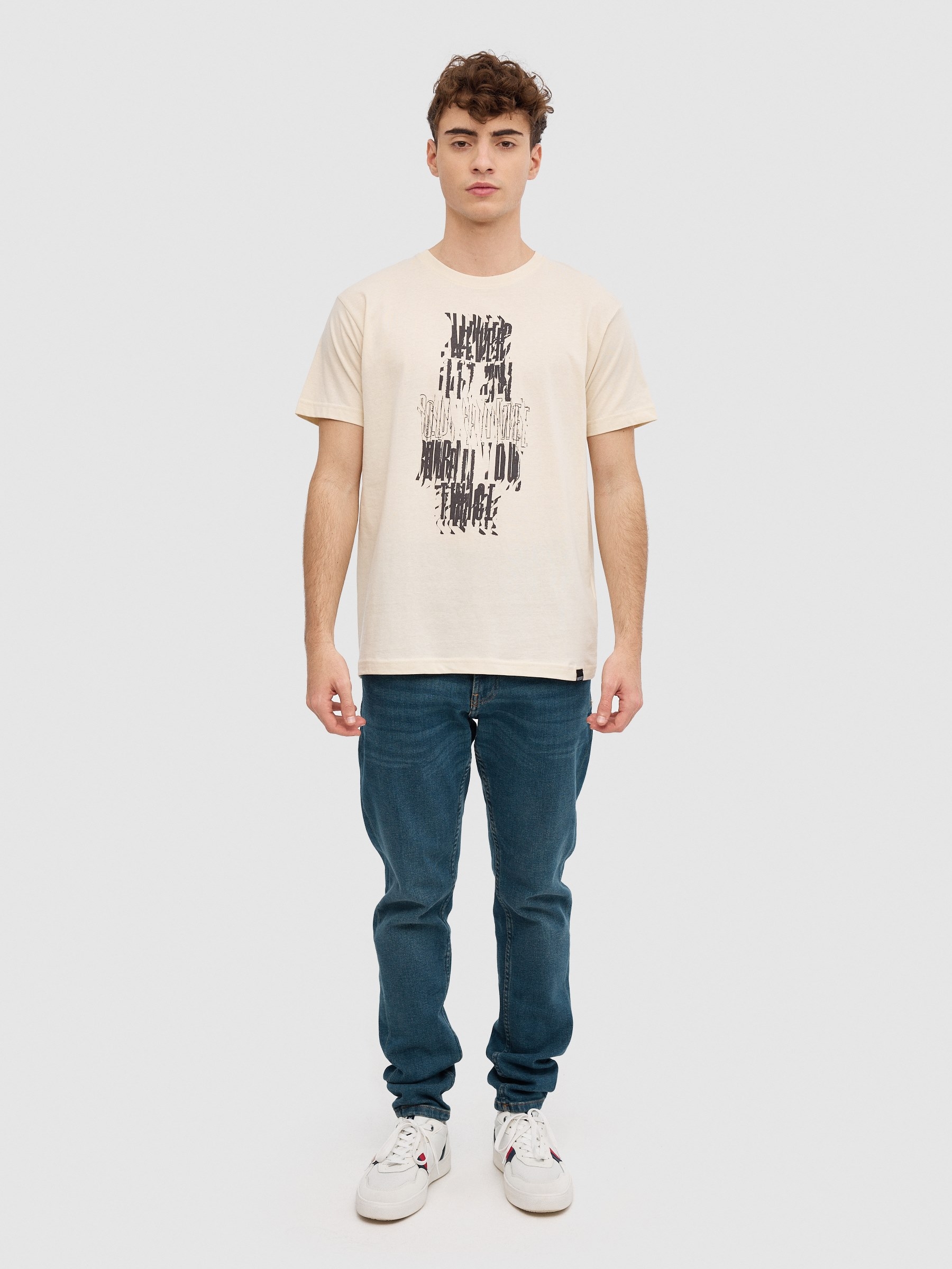 Skull text t-shirt sand middle front view