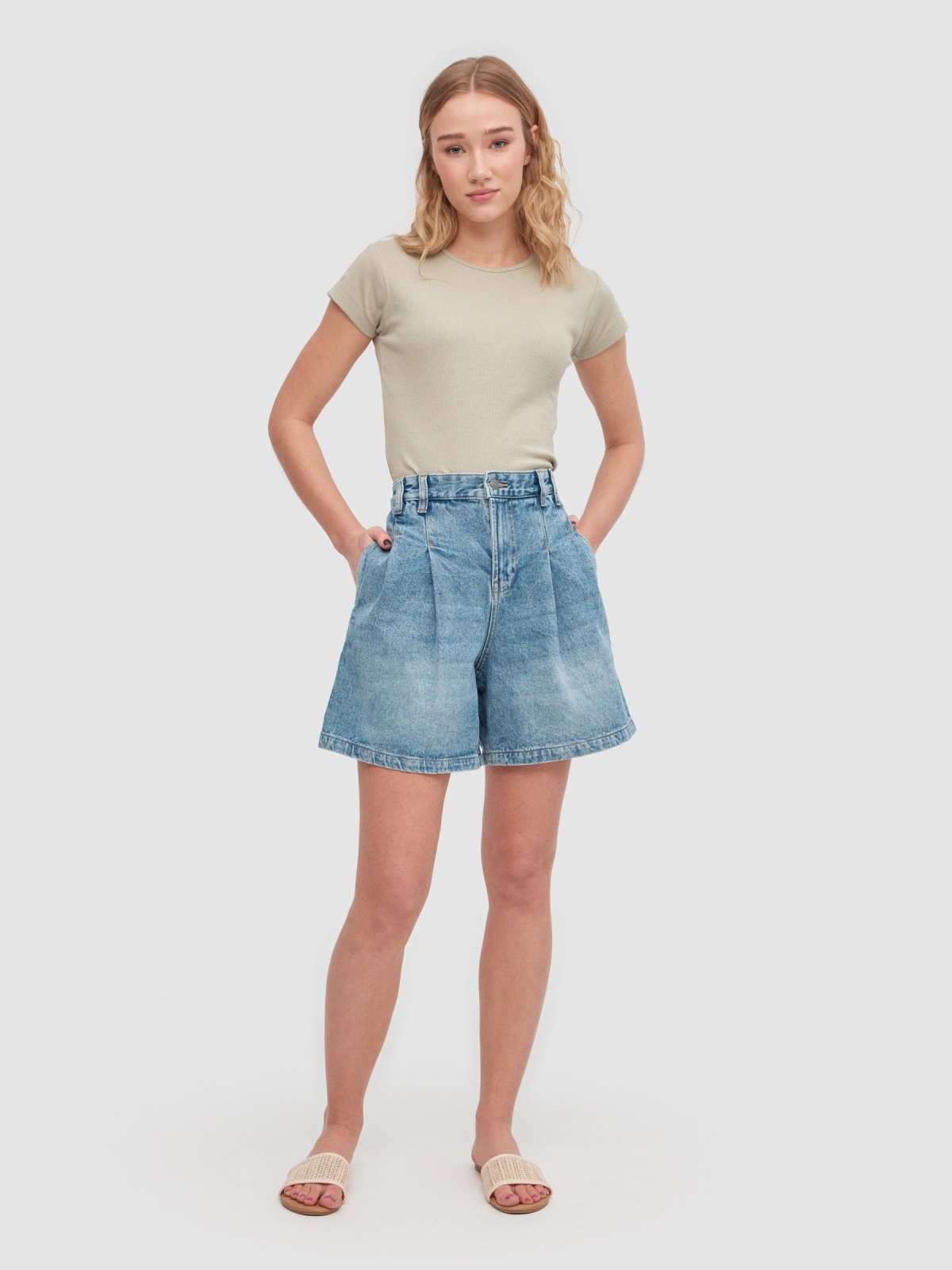 Denim pleated shorts blue general front view