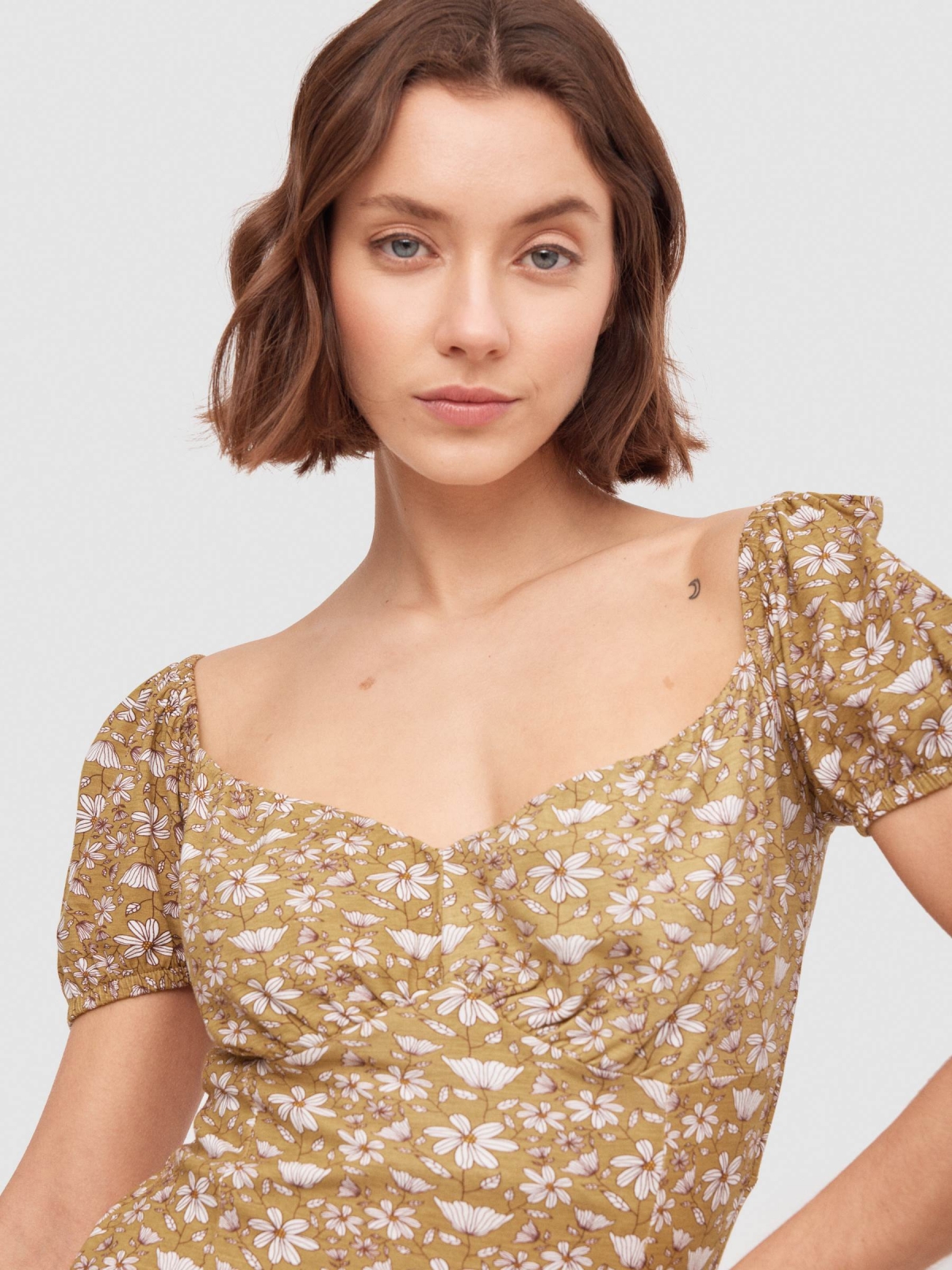 Floral midi dress sand detail view