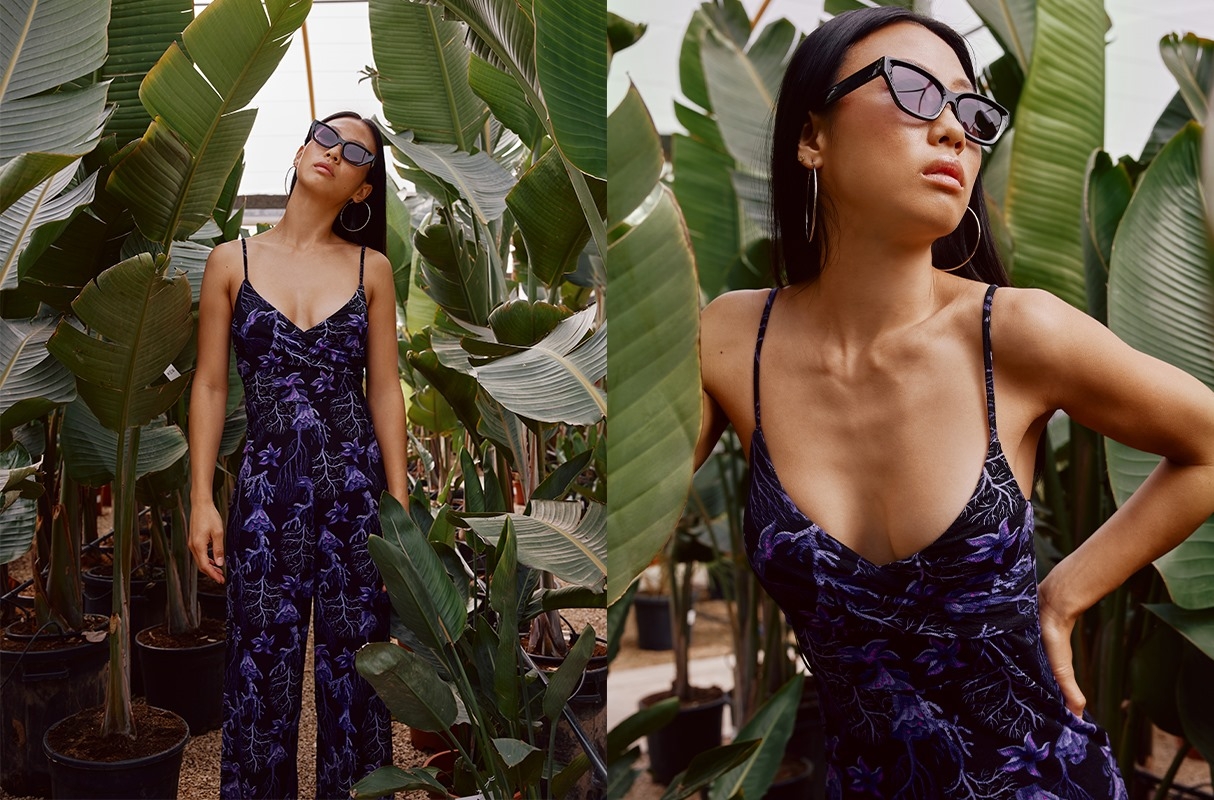 Printed long jumpsuit aubergine front view