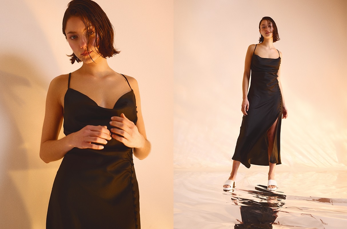 Vestido lencero botones negro vista media frontal